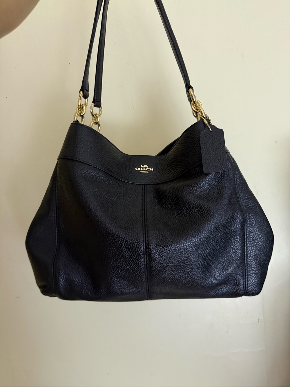 Coach Lexy Black Pebbled Leather Shoulder Bag with Gold Hardware